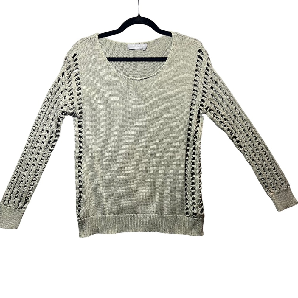 One Grey Day Open Knit‎ Ladder Sleeve Crochet Sweater Sage Green L Boho Cotton